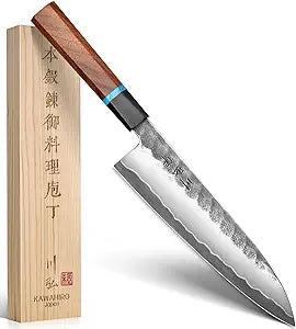 KAWAHIRO Japanese Chef Knife, 8 Inch Hand Forged Razor Sharp VG10 Kitchen Knife for Effortless Meat & Veggie Slicing, Professional Gyuto with Ergonomic Octagonal Handle, father day gifts
