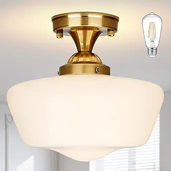 Bagood 12" Brass Schoolhouse Lights Fixture Milk Glass Light Fixtures Mid Century Light Fixtures School House Lights Fixture Ceiling Semi Flush Mount Ceiling for Bathroom Bedroom (Bulb Incl.)