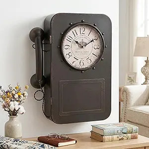 Vintage Telephone Wall Clock with Hidden Storage Safe, Retro Lockable Wall Mounted Key Holder Cabinet with Secret Compartment, Silent Non-Ticking Decorative Clock for Home Decor, 15.2"