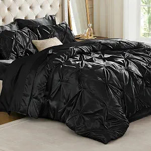 BEDELITE Satin Comforter Set Queen Size, 7 Pieces Pintuck Bed in A Bag with Comforter, Flat Sheet, Fitted Sheet, Pillowcases, Shams, Soft Cozy Similar to Silk Bed Set for All Seasons (Black)