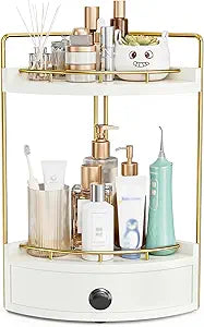 2-Tier Corner Bathroom Counter Organizer with Drawer & Embedded Screw Holes - Wooden Countertop Organizers for Skincare, Makeup Storage, Bathroom Sink Counter Shelf for Vanity, Kitchen, White Gold