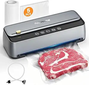 Newise Vacuum Sealer Machine - 85Kpa Powerful Vacuum Sealer for Dry and Moist Food Preservation, Built-in Cutter and Self-Cleaning Mode, Includes 1 Cut-to-Size Rolls & 5 Pre-cut Bags - Kitchen Gifts
