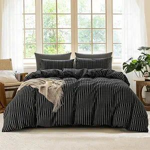 Striped Duvet Cover Set Queen Size 3 Piece 100% Washed Cotton Linen Feel Bedding Comfy Breathable Modern Farmhouse (Queen, Double Stripe-Black/White)