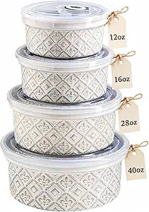 Airtight Food Storage Containers with Lids Mixing Bowls Set, Ceramic Serving Bowls with Lids Set of 4, 12/16/28/40 oz Stackable Nesting Salad Bowls for Cooking, Baking, Ramen - Beige