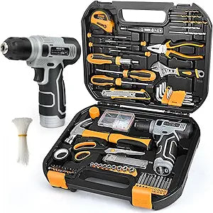 Upgraded 180 Piece Tool Set, Tool Kit with 8V Cordless Drill Set, General Household Hand Drill Kit for Men and Women, Plastic Storage Toolbox for DIYers, Home Maintenance and Everyday Repairs(Orange)