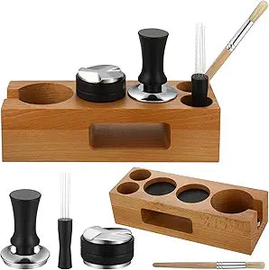 Roowest 5 Pack 54 mm Espresso Accessories Kit Wooden Tamper Station Coffee Distributor Stirrer Tamping Mat with Brush, Multipurpose Tools for Bar Home Office