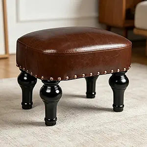 Leather Ottoman Footrest,Rustic Foot Stools Seat,Wood Footstool Rectangle Footrest Small Ottoman for Bedroom,Living Room,Office,Entrance Hall (DEEP Brown)