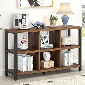 FOLUBAN 6 Cube Storage Organizer Bookshelf, Industrial Horizontal Low Cubby Bookcase for Living Room Bedroom (Rustic Walnut, 47 Inch)