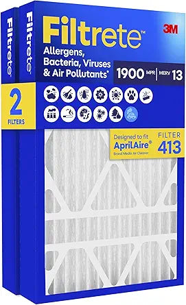 Filtrete 16x25x4 Air Filter, Replaces AprilAire 413 Filters, MERV 13, MPR 1900, Allergens, Bacteria, Viruses & Air Pollutants, 12-Month AC/Furnace Filter, Cleaner Air, Reliable Airflow, 2 HVAC Filters