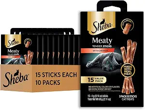 Sheba Meaty Tender Sticks Chicken Cat Treats, Chicken Flavor, Cat Snacks, 0.14 oz., 15 Count, Pack of 10 (150 Sticks Total)