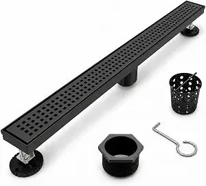 24" Rectangular Linear Shower Drain, 304 Stainless Steel Matte Black Long Shower Drain with Grate Removable, Leveling Feet and Hair Strainer for Bathroom Floor, Pool Areas, Garage Floors