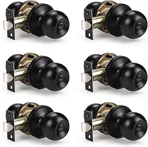 KNOBWELL 6 Pack Matte Black Interior Door Knob, Privacy Door Knobs with Lock, Bathroom Bathroom Door Knob, Interior Door Use (No Keys)
