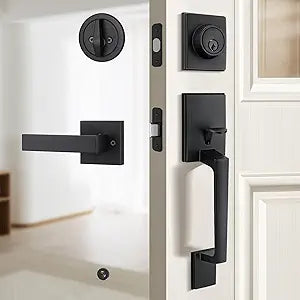 Front Door Handle Set with Reversible Lever, Heavy-Duty Exterior Door Lock Set with Single Cylinder Deadbolt, Matte Black Finish