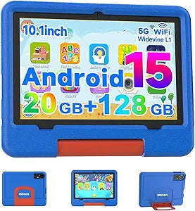 IWEGGO Android 15 Kids Tablet with EVA Case, 10 inch Tablet for Kids, 20GB RAM+128GB ROM/MAX 2TB, 1280 * 800 IPS HD Eye-Care Touch Screen, 2.0GHz Quad-core Toddler Tablets, 5G WiFi6, Widevine L1 Blue