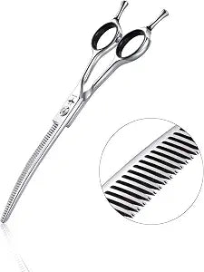 PURPLEBIRD 6.5 Inch Downward Curved Dog Grooming Scissors Pet Thinning Texturizing Shears Professional Safety Blunt Tip Trimming Shearing for Dogs Cats Face Paws Limbs Japanese Stainless Steel Silver