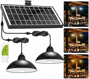 intelamp Solar Shed Light Indoor Outdoor Waterproof, 2-Head Pendant Light with Remote Control, 3 Color Modes, Warm White Solar Powered Dusk to Dawn, for Garden Gabo Barn Chicken Coop