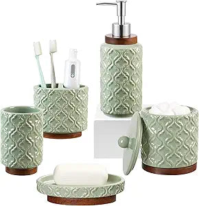 RQYIXI Elegant 5 PCS Ceramic&Wood Bathroom Accessories Set:Soap Dispenser,Toothbrush Holder,Tumbler,Soap Dish,Cotton Swab Jar,Easy to Clean,Quatrefoil Pattern,Green-Affordable Home Luxury