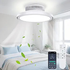 18" Bladeless Ceiling Fan, Low Profile Ceilings Fans with Light for Bedroom, Smart Ceiling Light Fixture with Remote/APP Control, Enclosed Led Flush Mount Ceiling Light 3 Dimmable,White