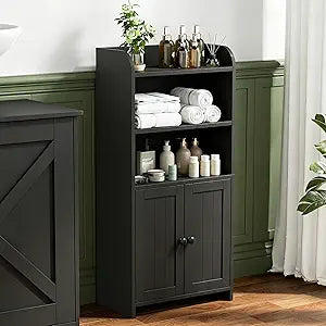 Small Bathroom Storage Cabinet, Freestanding Bathroom Cabinet and Organizer with Shelves, Small Cabinet with Doors for Bathroom, Laundry Room, 7.9" D x 14.6" W x 31" H, Black