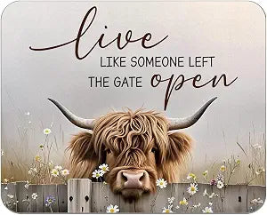 Farmhouse Highland Cow Mouse Pad for Desk, Live Like Someone Left The Gate Open Mousepads for Wireless Mouse Computers Laptop Home Office Supplies Accessories, 9.5x7.9 Inch
