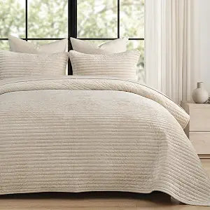 PHF Luxury Velvet Quilt Set King Size  3PCS Ultra Soft Quilted Comforter Alternative with Striped Channel, Cozy Quilted Bedspread, 1 Coverlet with 2 Matching Shams, 108" x 92", Sand