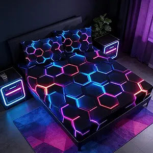 Hexagon Geometric Honeycomb Bedding Fitted Sheet Sets,Blue Neon Gamer Fitted Sheet Sets for Kids Room Decor,Full Size Bedding Sets for Boys,1 Fitted Sheet+2 Pillowcases.