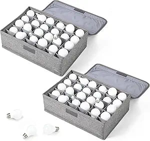 2 Pcs Light Bulb Organizer Storage Box Ornament Storage with 30 Dividers Foldable Bulbs Organizer with Lid Sturdy PP Board Fits Various Standard Dustproof Fabric Case for Home Vbs (Grey)