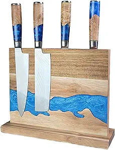 Magnetic Knife Holder, Double Sided River Design Knife Stand, Blue Resin & Acacia Wood Kitchen Knife Block, 12.6 x 9.85 Inch Countertop Knife Storage Rack, Knives Not Included