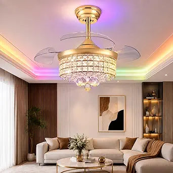 30" RGB Modern Chandelier Fan Retractable Crystal Ceiling Fan with Light, 6 Speeds Reversible Blades Bluetooth Gold