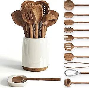 SMIRLY Wooden Spoons for Cooking - 12-Piece Premium Acacia Wood Utensil Set with Ceramic Holder & Spoon Rest, Non-Scratch Cooking Utensils Set for Nonstick Cookware, Luxury Kitchen Gift Set [Acacia]