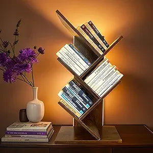 Godferyxin Bookshelf with Liting,Small Bookcase LED and Desktop Book Shelf for Office, Home or School Small Bookshelf for Wood Displaying Books, CDs, Magazines Wood Book Rack-Mini Bookcase