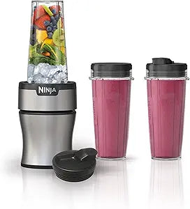 Ninja Nutri-Plus Personal Blender | Compact Push to Blend | Make Frozen Drinks, Smoothies, Sauces & More | With (3) 20 oz. To-Go Cups, (2) Spout-Lids & (1) Storage-Lid | 900 Peak Watt | Silver | BN301