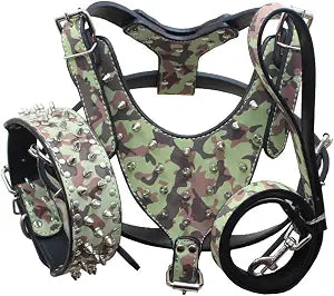 Leather Spiked Studded Medium & Large Dog Collars, Harnesses & Leashes 3Pcs Matching Set for Pit Bull,Mastiff, Boxer, Bull Terrier(Camouflage,L)