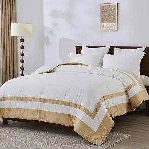 Fluffy Queen Cotton Comforter Set, White Khaki Golden, 3 Piece