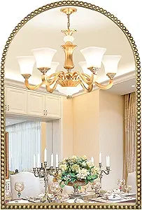 Arched Wall Mirror for Bathroom - 24"x36" Metal Beaded Frame Decorative Accent Mirror, Large Modern Rustic Distressed Hanging Wall Decor for Washroom, Bedroom, Living Room, Entryway, Antique Gold