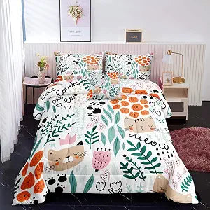 5 Piece Cat Bed in A Bag Twin Size for Girls Kids Cute Animal Flowers Comforter Set Pink Cat bed set with 1 Comforter,1 Flat Sheet,1 Fitted Sheet,1 Pillowcases,1Cushion Cover (Cats 5002-5Pcs Twin)