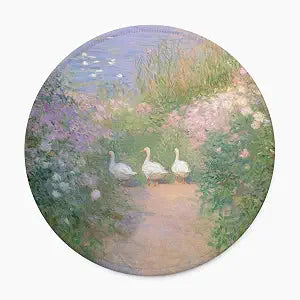 Aesthetic Duck Mouse Pad, Impressionist Goose Garden Painting Desk Decor, Mini Round Non Slip Travel Mousepad for Laptop Computer, Cute Office Accessories 8.7x8.7 Inch