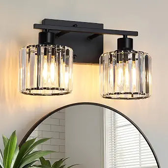 2-Light Matte Black Vanity Light with Crystal Cage Glass Shades, Modern Bathroom Light Fixture for Small Space,Vintage Wall Mounted Over Mirror Sconce for Bathroom Kitchen Living Room Cabinet