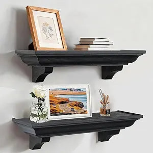 24 Inch Fireplace Mantel Shelf with Corbels, Set of 2 Rustic Floating Shelf for Wall, Wooden Fireplace Mantel for Living Room, Bedroom, Kitchen, Black