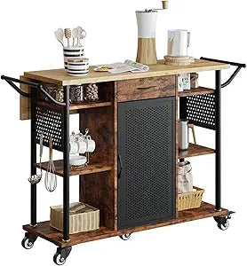 Bestier Rolling Kitchen Utility Cart with Collapsible Surface Extender, 6 Shelves, 1 Cabinet, 1 Drawer, Dual Side Handles, & Hanging Peg Holes, Brown
