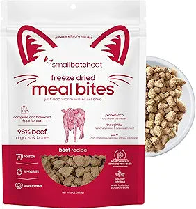 smallbatch Freeze-Dried Raw Cat Food, Shelf Stable Food Bites, Beef Recipe, High Protein Meal or Topper for Cats, Humanely Raised Meat, Organic, Non-GMO Produce, Made in the USA, 10oz Bag