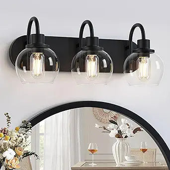Dpyrrhic Bathroom Vanity Light,Modern 3-Light Bathroom Lighting Fixtures Over Mirror with Clear Glass Shade and Metal Base,Matte Black Bathroom Lighting
