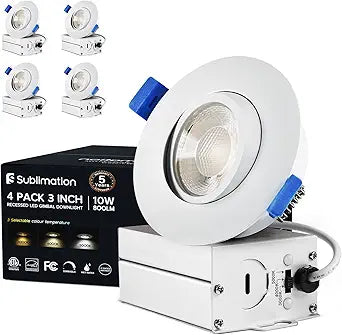 Sublimation 4 Packs 3 Inch Gimbal Led Recessed Light with Junction Box 10w,Waterproof recessed Lights for Shower,3 Colors Adjustable,Suitable for Bathroom,Parlor,Bedroom,Kitchen,Balcony