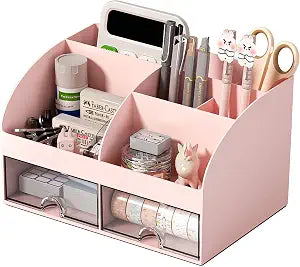COMFYROOM Desk Organizer with 6 Compartments and 2 Drawers, Plastic Makeup Organizer, Pen Holder for Desktop Storage, Desk Organization for School, Home, Office Supplies (Pink)