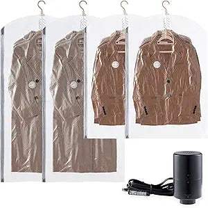 TAILI Hanging Vacuum Sealer Storage Space Saver Bags with Electric Air Pump for Clothing Travel, for Coats, Closet Organizers, 2 Long 2 Short Clear
