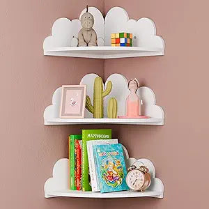 Cloud Floating Corner Shelves - Set of 3 Cloud Corner Wall Shelves for Kids Room, White Floating Shelf Nursery Wall Deor, Small Cute Clouds Dispaly Shelf for Toys, Plants & Storage.