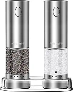 Newise Electric Salt and Pepper Grinder Set - Rechargeable Stainless Steel Salt and Pepper Shakers with LED Lights, Adjustable Coarseness, Large Capacity, Kitchen Appliances Gifts for Women