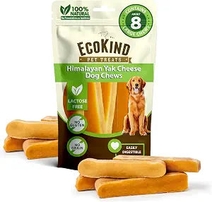 EcoKind Yak Cheese Himalayan Dog Chews, Yak Chews for Large Dogs, Long Lasting Bone for Aggressive Chewers, 3 Ingredients, Natural High Protein Treat, No Additives or Lactose, Large - 8+ Chews (2 lbs)