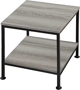 KirKical 20 Inch 2 Tiers Square End Table with Metal Frame, Rustic Grey Fridge Stand Side Table Sturdy Easy Assembly Simple Style for Living Room Bedroom, Slate Grey