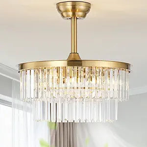 20" Brass Crystal Fandelier Ceiling Fans with Lights, Caged Brass Crystal Chandelier Ceiling Fan with Light Remote Control with 6 Speeds for Bedroom, Nursery, Living Room
